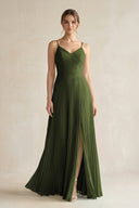 Pleated A-Line Long Chiffon Bridesmaid Dress in Olive