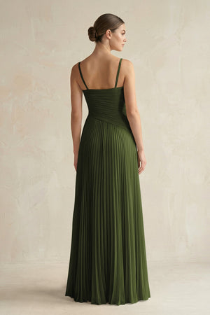 Pleated A-Line Long Chiffon Bridesmaid Dress in Olive