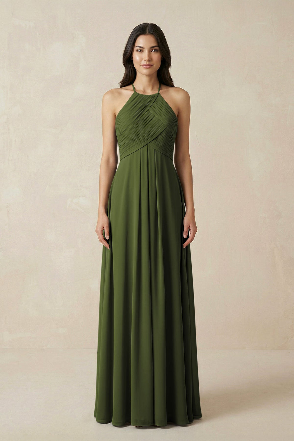 A-Line Halter Neck Pleated Chiffon Bridesmaid Dress in Olive - KISS BRIDAL BRIDESMAID DRESSES