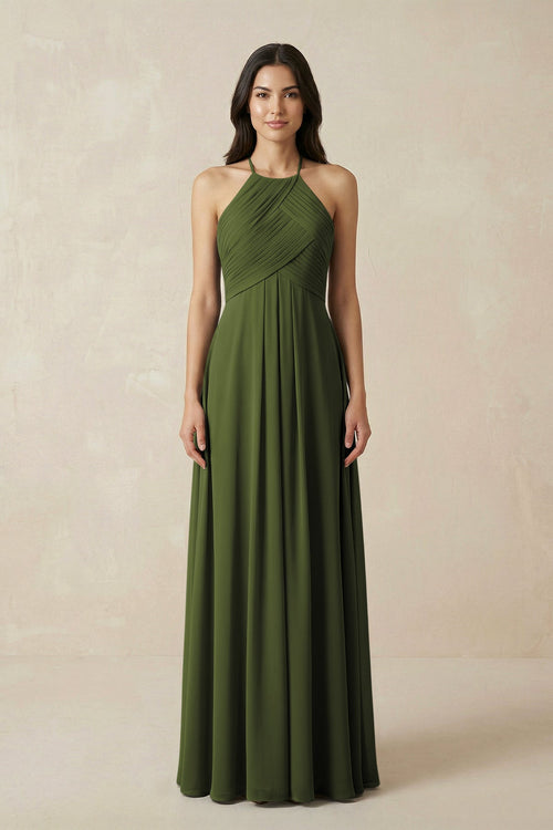 A-Line Halter Neck Pleated Chiffon Bridesmaid Dress in Olive - KISS BRIDAL BRIDESMAID DRESSES