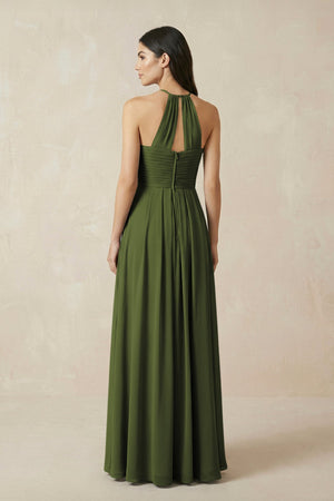 A-Line Halter Neck Pleated Chiffon Bridesmaid Dress in Olive - KISS BRIDAL BRIDESMAID DRESSES