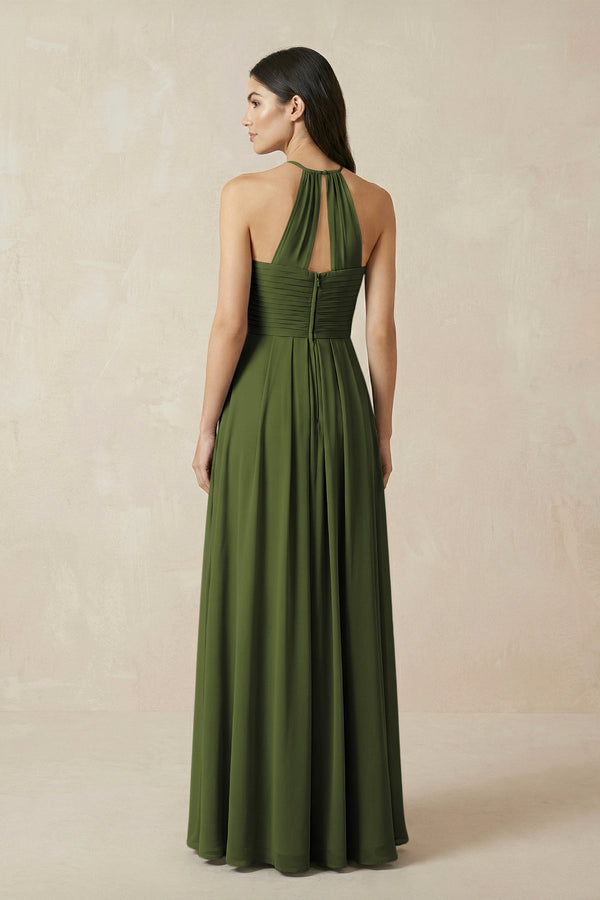 A-Line Halter Neck Pleated Chiffon Bridesmaid Dress in Olive - KISS BRIDAL BRIDESMAID DRESSES