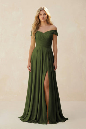 Off - the - Shoulder Pleated A - Line Chiffon Bridesmaid Dress in Olive - KissProm Bridesmaid 