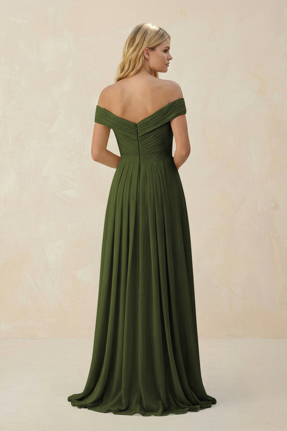 Off - the - Shoulder Pleated A - Line Chiffon Bridesmaid Dress in Olive - KissProm Bridesmaid 