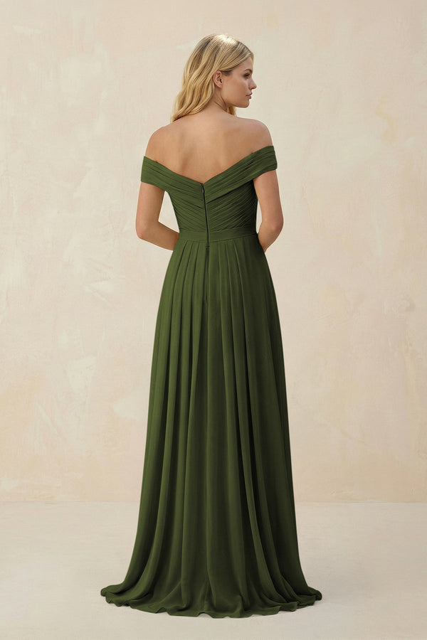 Off - the - Shoulder Pleated A - Line Chiffon Bridesmaid Dress in Olive - KissProm Bridesmaid 