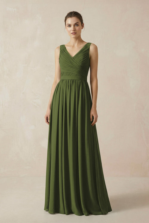 A-Line V-Neck Pleated Chiffon Bridesmaid Dress in Olive - SHE IS ME BRIDESMAID DRESSES