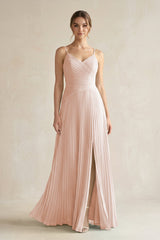 Pleated A-Line Long Chiffon Bridesmaid Dress in Pale Blush