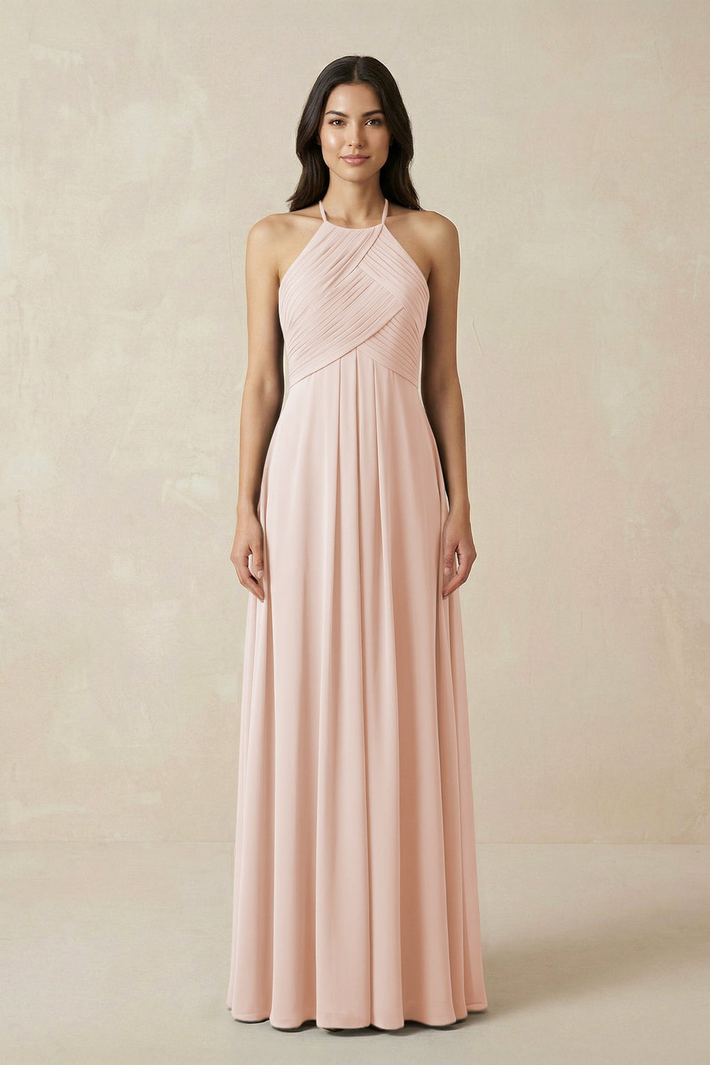 A-Line Halter Neck Pleated Chiffon Bridesmaid Dress in Pale Blush - KISS BRIDAL BRIDESMAID DRESSES