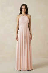 A-Line Halter Neck Pleated Chiffon Bridesmaid Dress in Pale Blush - KISS BRIDAL BRIDESMAID DRESSES
