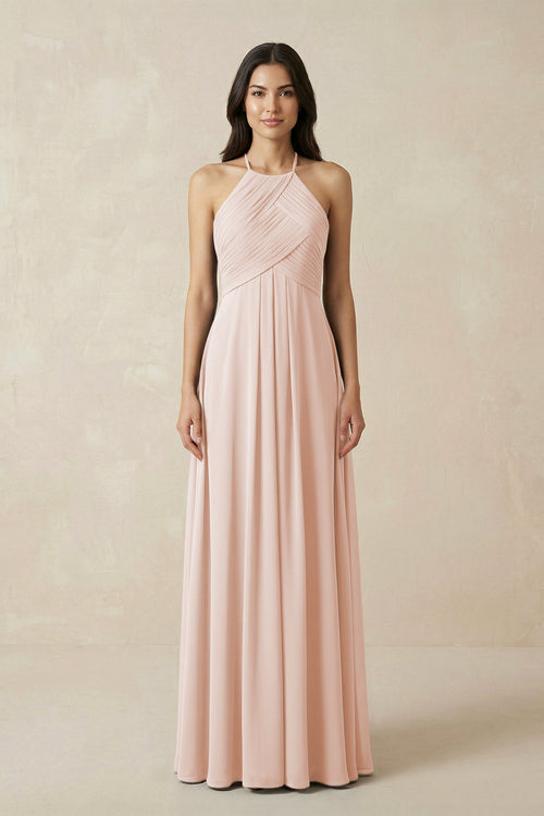 A-Line Halter Neck Pleated Chiffon Bridesmaid Dress in Pale Blush - KISS BRIDAL BRIDESMAID DRESSES