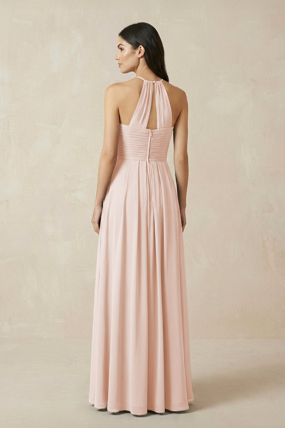 A-Line Halter Neck Pleated Chiffon Bridesmaid Dress in Pale Blush - KISS BRIDAL BRIDESMAID DRESSES