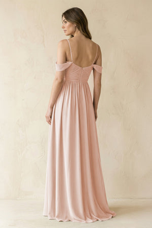 A-Line Off-the-Shoulder Pleated Chiffon Bridesmaid Dress in Pale Blush - SHE IS ME BRIDESMAID DRESSES