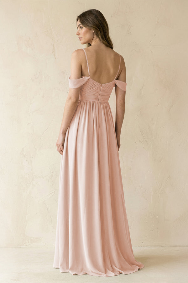 A-Line Off-the-Shoulder Pleated Chiffon Bridesmaid Dress in Pale Blush - SHE IS ME BRIDESMAID DRESSES