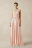 A-Line V-Neck Pleated Chiffon Bridesmaid Dress in Pale Blush - SHE IS ME BRIDESMAID DRESSES