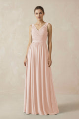 A-Line V-Neck Pleated Chiffon Bridesmaid Dress in Pale Blush - KISS BRIDAL BRIDESMAID DRESSES