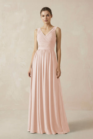 A-Line V-Neck Pleated Chiffon Bridesmaid Dress in Pale Blush - SHE IS ME BRIDESMAID DRESSES