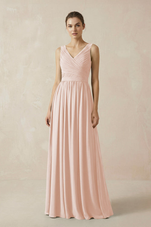 A-Line V-Neck Pleated Chiffon Bridesmaid Dress in Pale Blush - SHE IS ME BRIDESMAID DRESSES