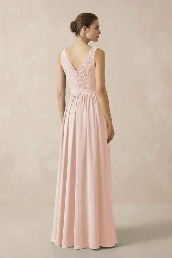 A-Line V-Neck Pleated Chiffon Bridesmaid Dress in Pale Blush - SHE IS ME BRIDESMAID DRESSES