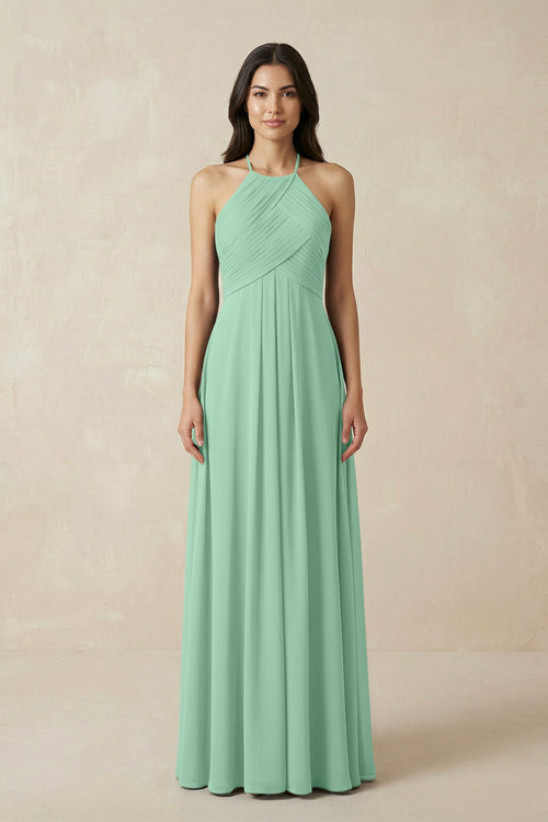 A-Line Halter Neck Pleated Chiffon Bridesmaid Dress in Pale Pistachio - SHE IS ME BRIDESMAID DRESSES