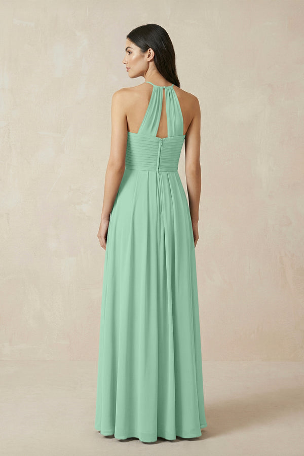 A-Line Halter Neck Pleated Chiffon Bridesmaid Dress in Pale Pistachio - SHE IS ME BRIDESMAID DRESSES