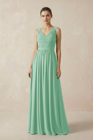 A-Line V-Neck Pleated Chiffon Bridesmaid Dress in Pale Pistachio - SHE IS ME BRIDESMAID DRESSES