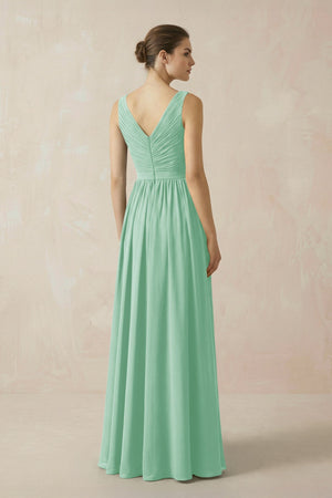 A-Line V-Neck Pleated Chiffon Bridesmaid Dress in Pale Pistachio - SHE IS ME BRIDESMAID DRESSES