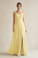 Pleated A-Line Long Chiffon Bridesmaid Dress in Pastel Yellow