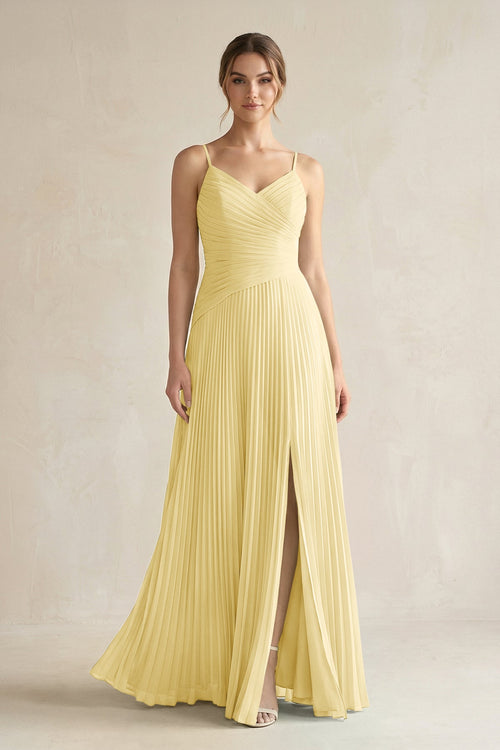 Pleated A-Line Long Chiffon Bridesmaid Dress in Pastel Yellow