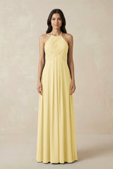 A-Line Halter Neck Pleated Chiffon Bridesmaid Dress in Pastel Yellow - KISS BRIDAL BRIDESMAID DRESSES