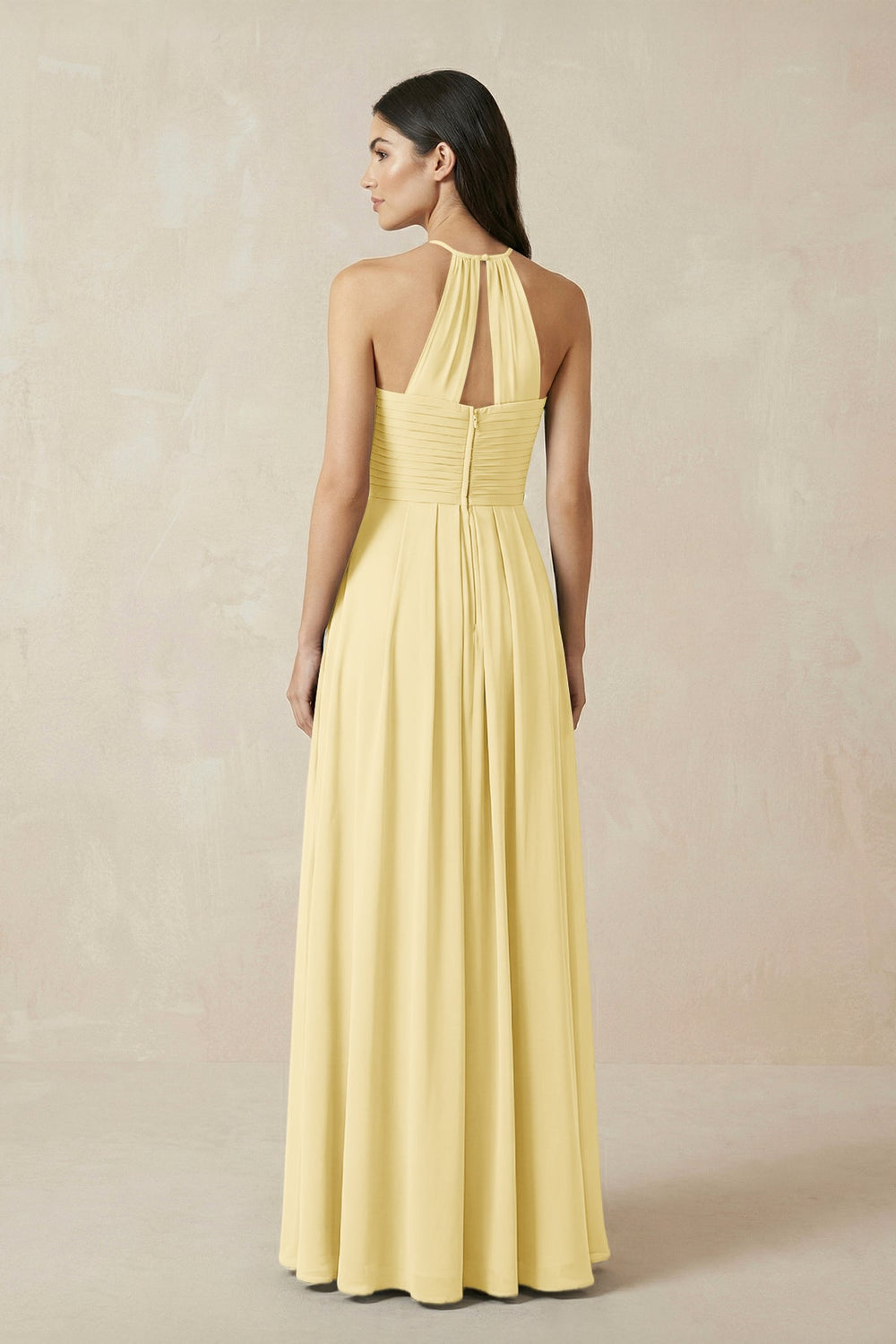 A-Line Halter Neck Pleated Chiffon Bridesmaid Dress in Pastel Yellow - KISS BRIDAL BRIDESMAID DRESSES