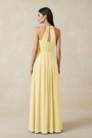 A-Line Halter Neck Pleated Chiffon Bridesmaid Dress in Pastel Yellow - SHE IS ME BRIDESMAID DRESSES