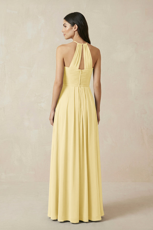 A-Line Halter Neck Pleated Chiffon Bridesmaid Dress in Pastel Yellow - SHE IS ME BRIDESMAID DRESSES