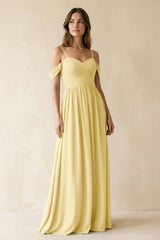 A-Line Off-the-Shoulder Pleated Chiffon Bridesmaid Dress in Pastel Yellow - KISS BRIDAL BRIDESMAID DRESSES
