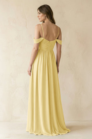 A-Line Off-the-Shoulder Pleated Chiffon Bridesmaid Dress in Pastel Yellow - SHE IS ME BRIDESMAID DRESSES