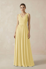 A-Line V-Neck Pleated Chiffon Bridesmaid Dress in Pastel Yellow - KISS BRIDAL BRIDESMAID DRESSES