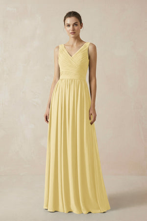 A-Line V-Neck Pleated Chiffon Bridesmaid Dress in Pastel Yellow - SHE IS ME BRIDESMAID DRESSES