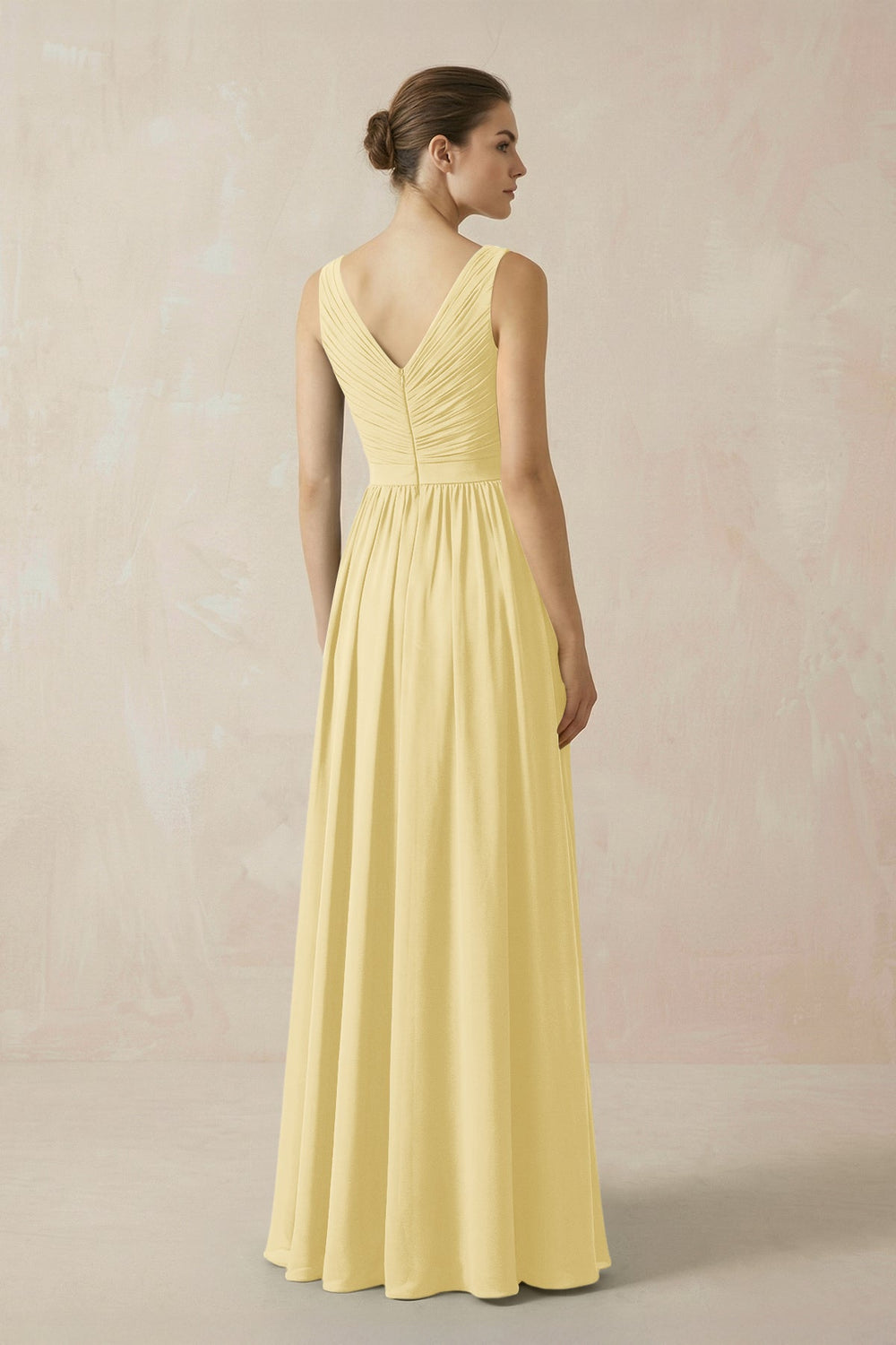 A-Line V-Neck Pleated Chiffon Bridesmaid Dress in Pastel Yellow - KISS BRIDAL BRIDESMAID DRESSES