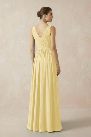 A-Line V-Neck Pleated Chiffon Bridesmaid Dress in Pastel Yellow - SHE IS ME BRIDESMAID DRESSES