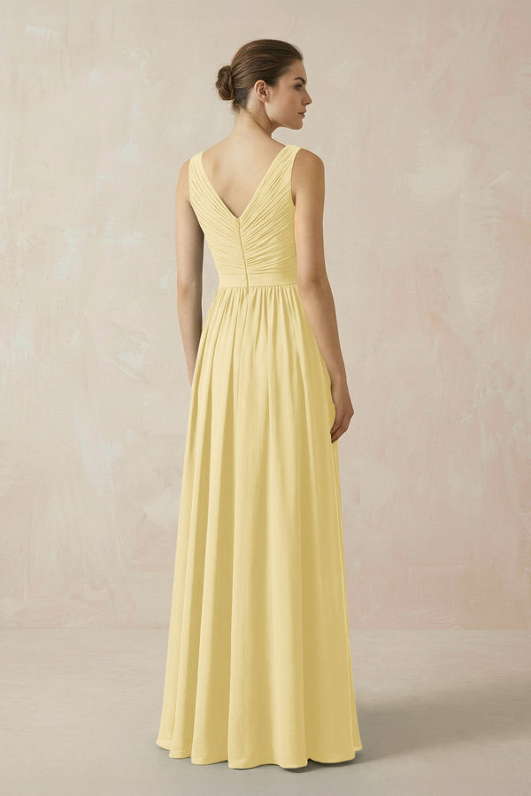 A-Line V-Neck Pleated Chiffon Bridesmaid Dress in Pastel Yellow - SHE IS ME BRIDESMAID DRESSES