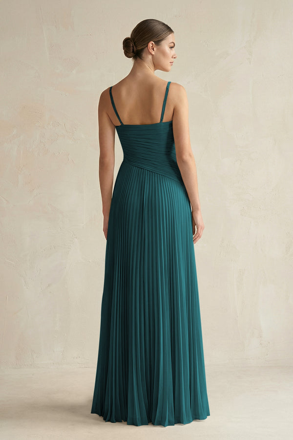 Pleated A-Line Long Chiffon Bridesmaid Dress in Pine