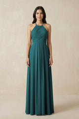 A-Line Halter Neck Pleated Chiffon Bridesmaid Dress in Pine - KISS BRIDAL BRIDESMAID DRESSES
