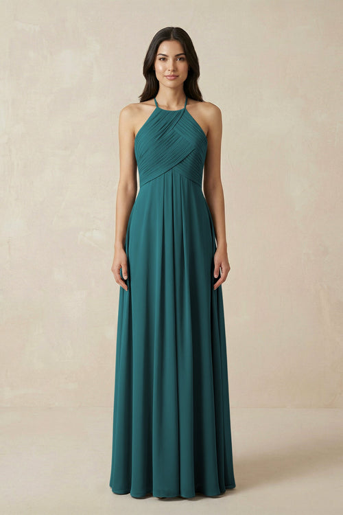 A-Line Halter Neck Pleated Chiffon Bridesmaid Dress in Pine - KISS BRIDAL BRIDESMAID DRESSES