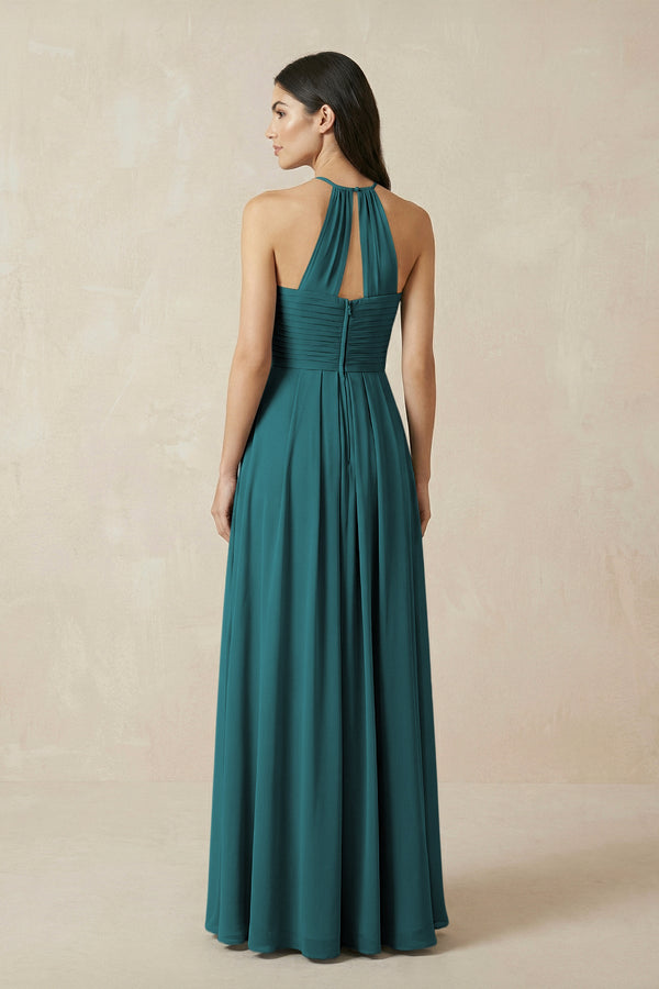 A-Line Halter Neck Pleated Chiffon Bridesmaid Dress in Pine - KISS BRIDAL BRIDESMAID DRESSES