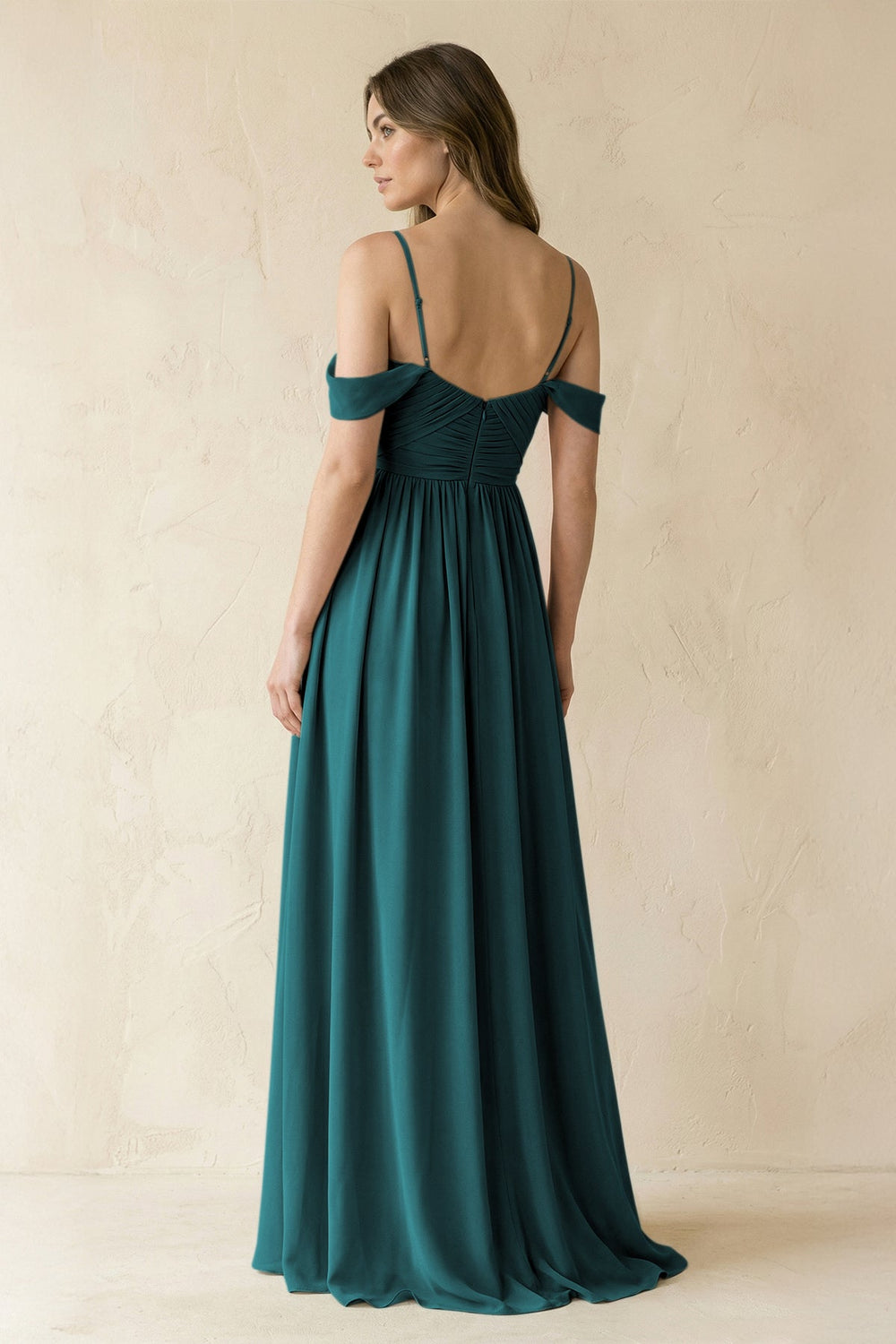 A-Line Off-the-Shoulder Pleated Chiffon Bridesmaid Dress in Pine - KISS BRIDAL BRIDESMAID DRESSES