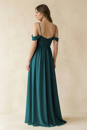 A-Line Off-the-Shoulder Pleated Chiffon Bridesmaid Dress in Pine - SHE IS ME BRIDESMAID DRESSES