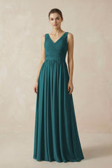 A-Line V-Neck Pleated Chiffon Bridesmaid Dress in Pine - KISS BRIDAL BRIDESMAID DRESSES