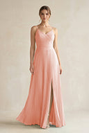Pleated A-Line Long Chiffon Bridesmaid Dress in Rose Petal