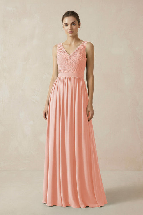 A-Line V-Neck Pleated Chiffon Bridesmaid Dress in Rose Petal - SHE IS ME BRIDESMAID DRESSES