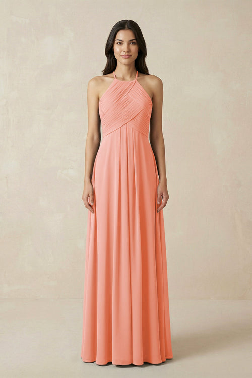 A-Line Halter Neck Pleated Chiffon Bridesmaid Dress in Rosette - KISS BRIDAL BRIDESMAID DRESSES