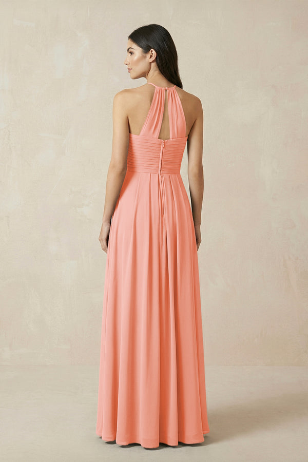 A-Line Halter Neck Pleated Chiffon Bridesmaid Dress in Rosette - KISS BRIDAL BRIDESMAID DRESSES
